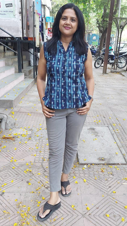 Nevy Blue Cotton Ikat Short Top