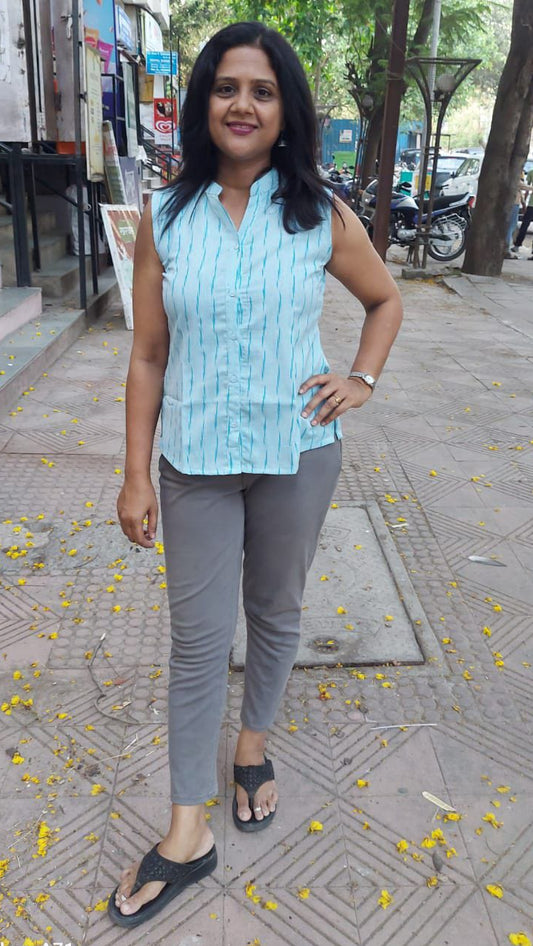 Sky Blue Cotton Ikat Short Top
