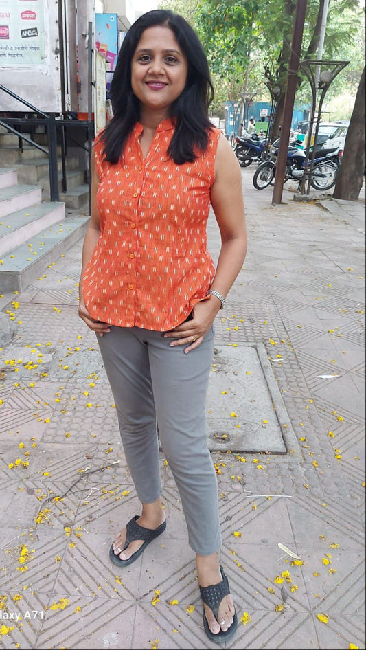 Orange Cotton Ikat Short Top