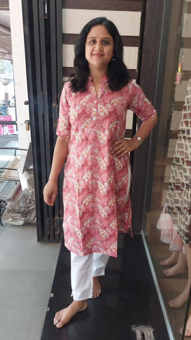 Onion Pink Kantha Cotton Kurta