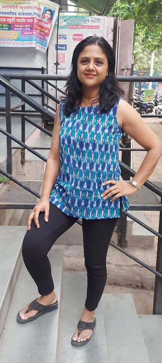 Peacock Blue Cotton Ikat Short Top