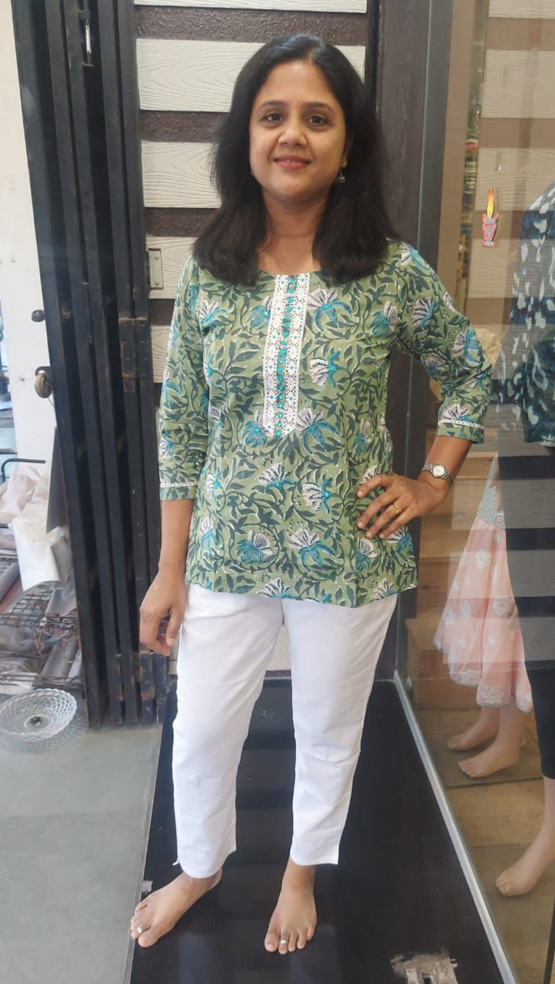 Green Handblock Printed Short Top