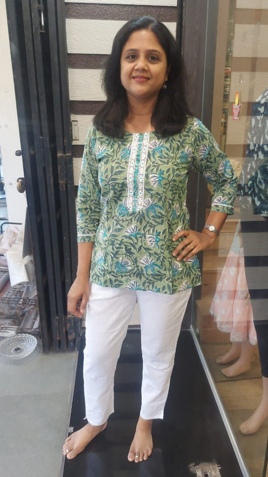 Green Handblock Printed Short Top