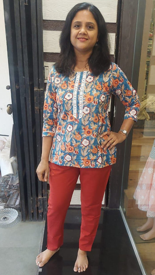 Blue Handblock Printed Short Top