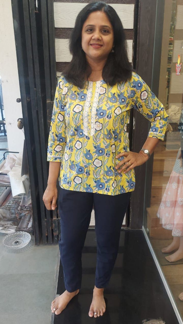 Yellow Handblock Printed Short Top