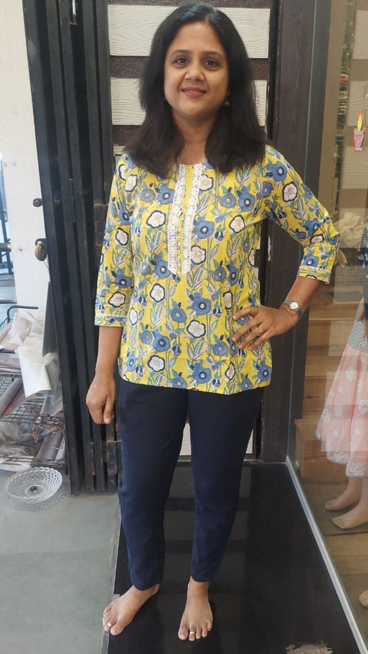 Yellow Handblock Printed Short Top