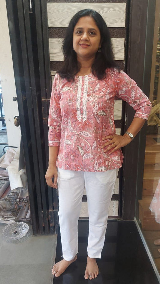 Pink  Handblock Printed Short Top