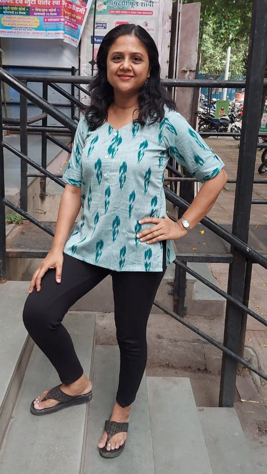 Tea Green Cotton Ikkat Sleeved Short Top