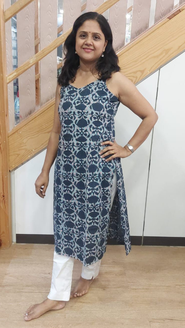BIue Gray  Pure Cotton Spaghetti Kurta