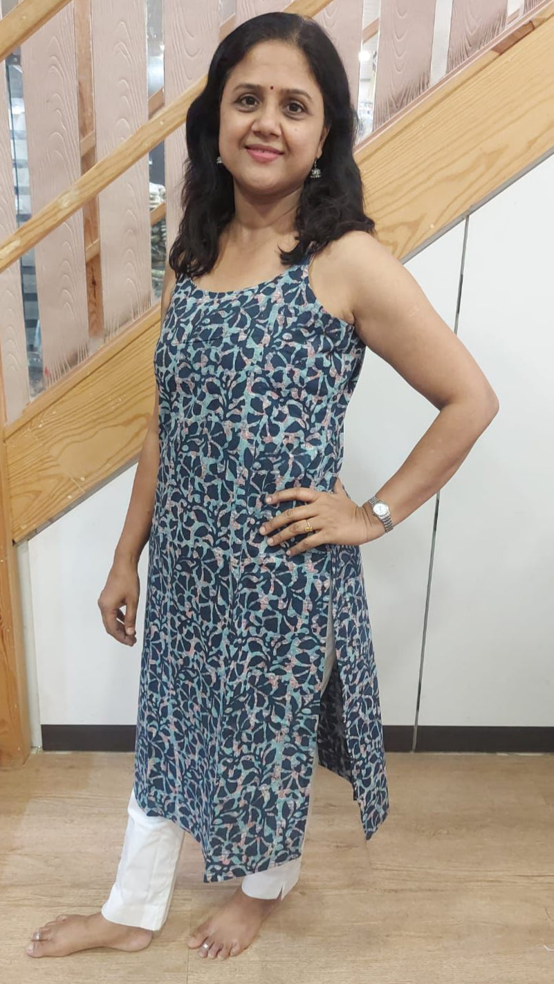 BIue Gray Pure Cotton Spaghetti Kurta