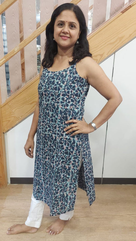 BIue Gray Pure Cotton Spaghetti Kurta