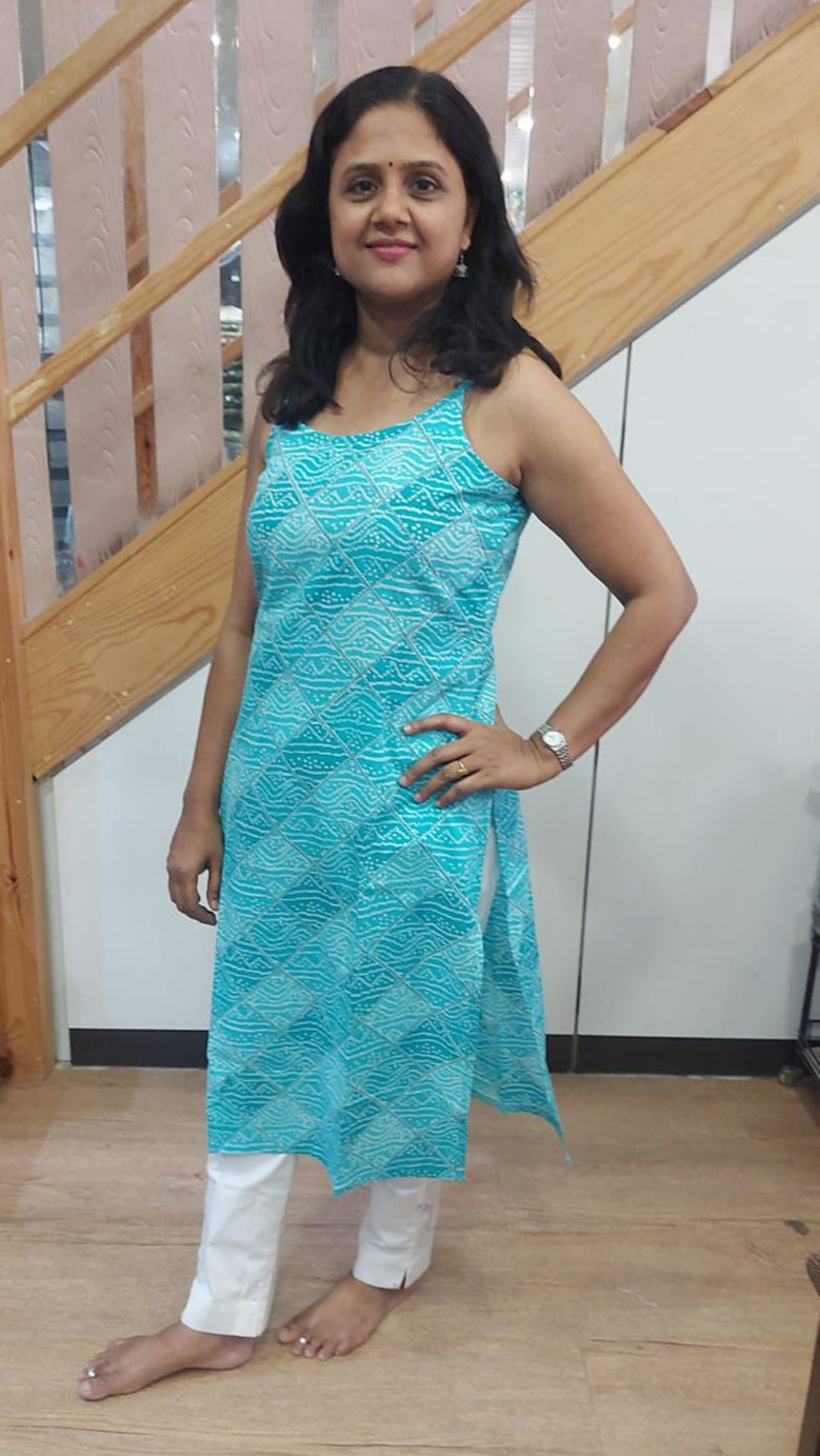 Cyan BIue Pure Cotton Spaghetti Kurta