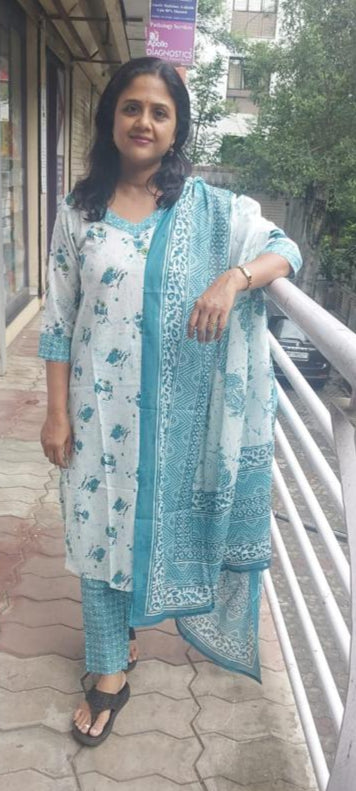 Sea Green Pure Cotton Full Suit With Dupatta