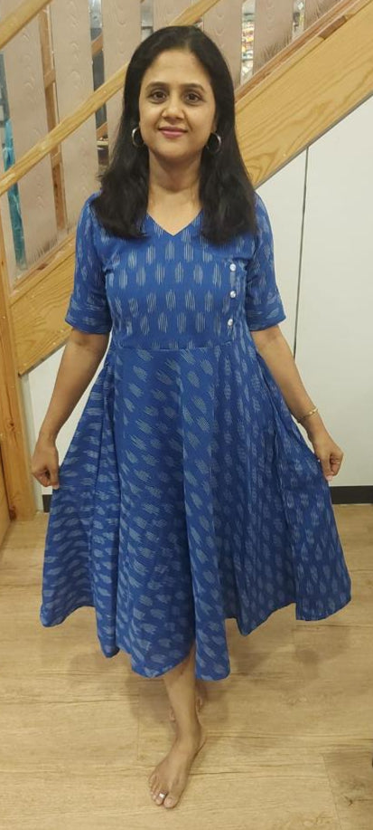 Blue Pure Ikkat Cotton Flared One Piece Dress