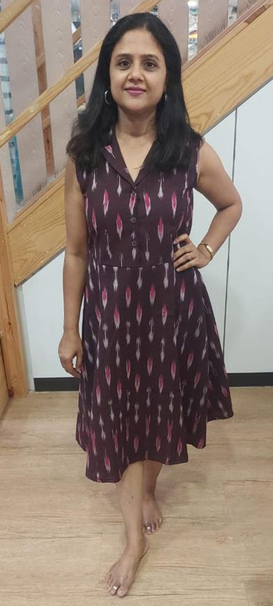 Wine Pure Ikkat Cotton Flared One Piece Dress