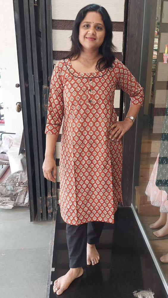 Brick Red  Pure Cotton  Printed Cotton Kurta