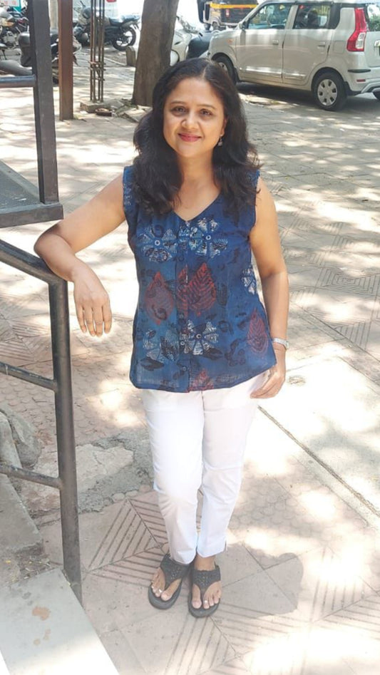 Indigo Block Printed Slub Ajrakh Shirt