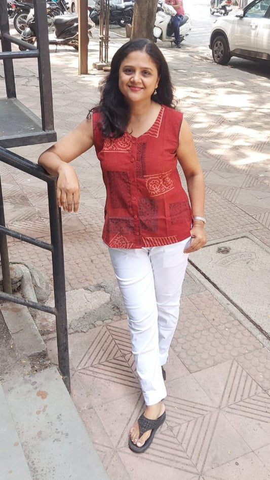 Maroon Block Printed Slub Ajrakh Shirt