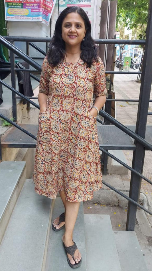 Red Kalamkari Knee Length One Piece