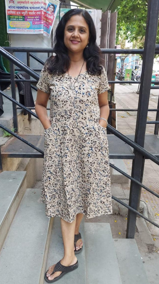 Off White Kalamkari Knee Length One Piece
