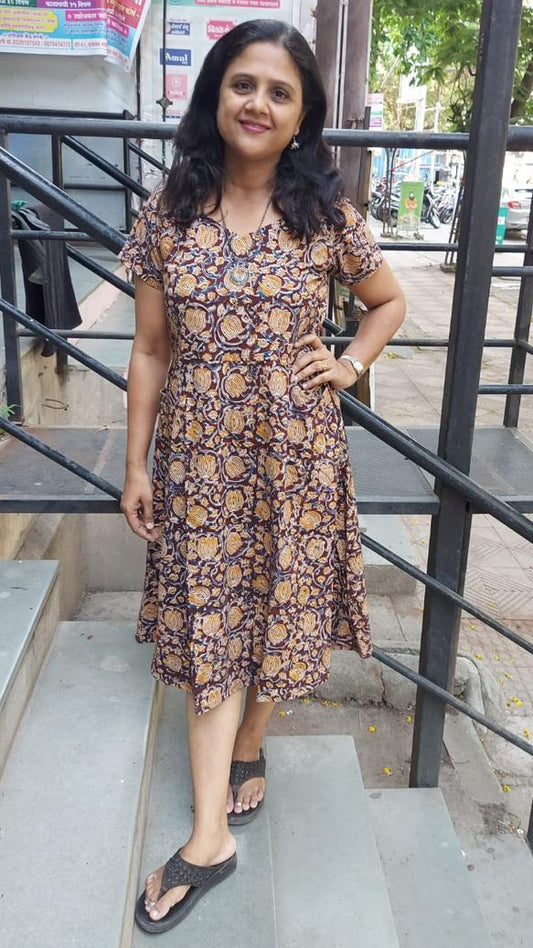 Dark Maroon  Kalamkari Knee Length One Piece