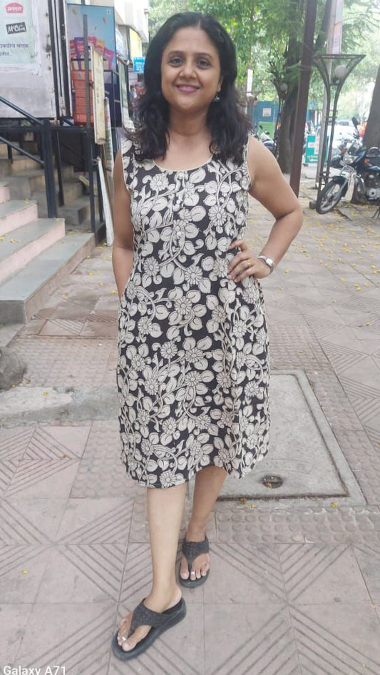 Black Kalamkari Knee Length One Piece