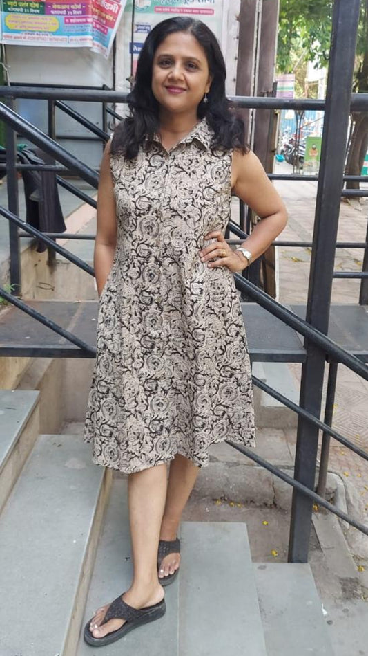 Off White Kalamkari Knee Length One Piece