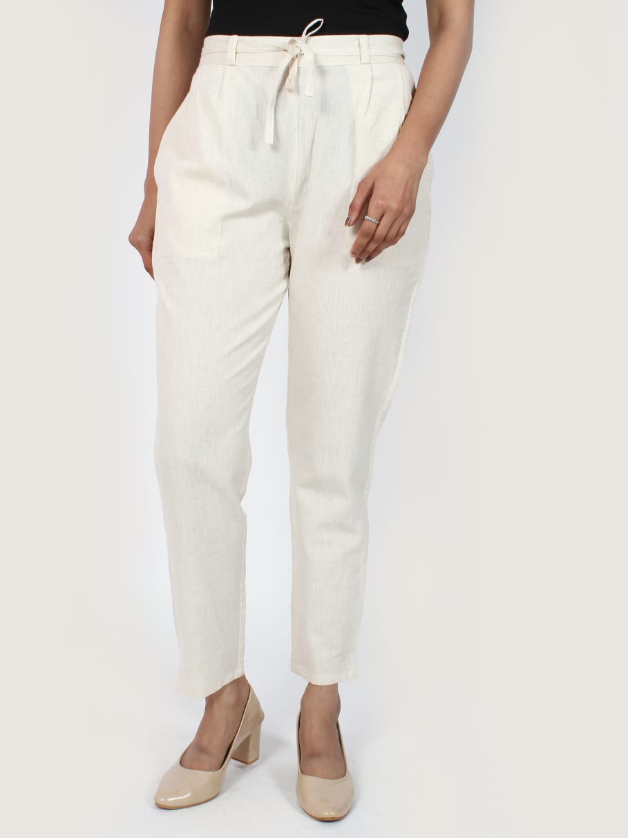 Off White Cotton Flex Straight Fit Pant (0)
