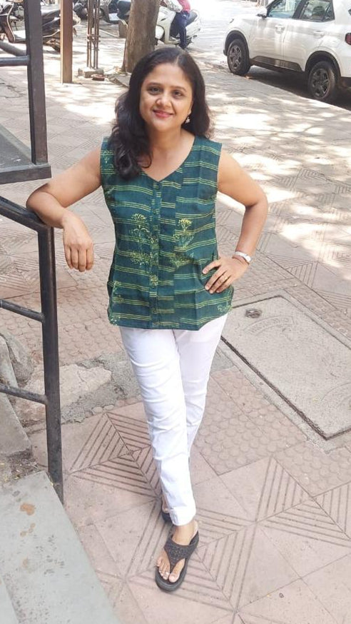 Bottle Green Printed Slub Ajrakh Shirt