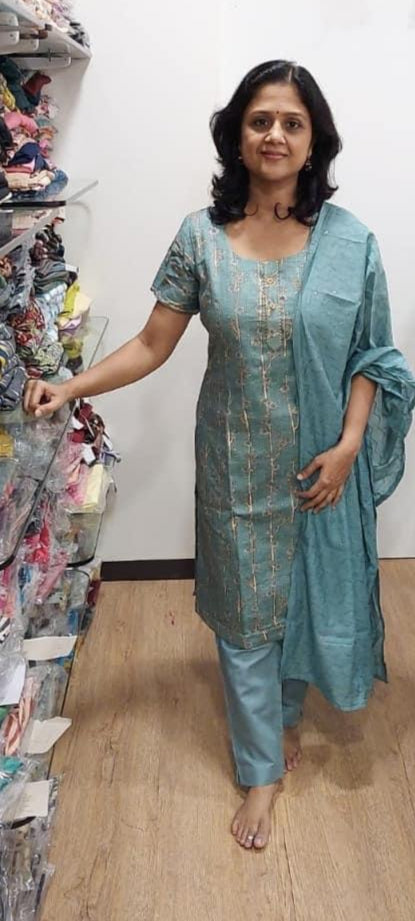 Blue Gray Cotton Silk Full Suit With Dupatta