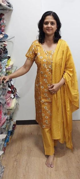 Yellow Ochre Cotton Silk Full Suit With Dupatta