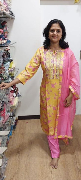 Yellow Muslin Full Suit With Dupatta