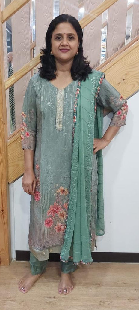 Sea Green Muslin Full Suit With Dupatta