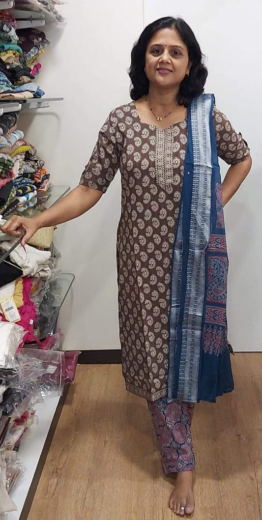 Brown Kantha Cotton Full Suit With Dupatta