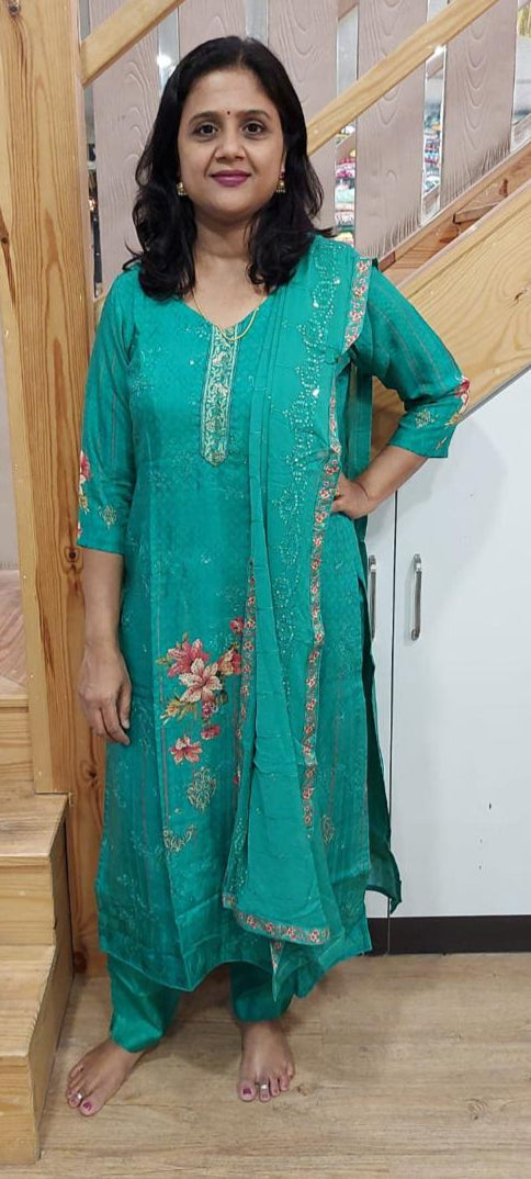 Green Muslin Full Suit With Dupatta