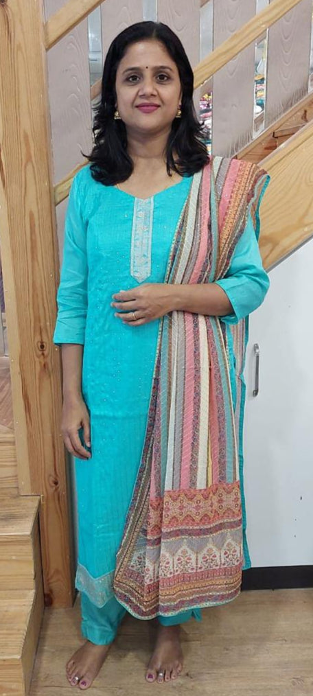 Pista Green Chanderi Cotton Full Suit With Dupatta