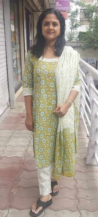Light Mehendi Green Cotton Full Suit With Dupatta