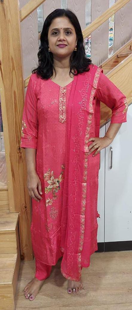 Tomato Red Muslin Full Suit With Dupatta