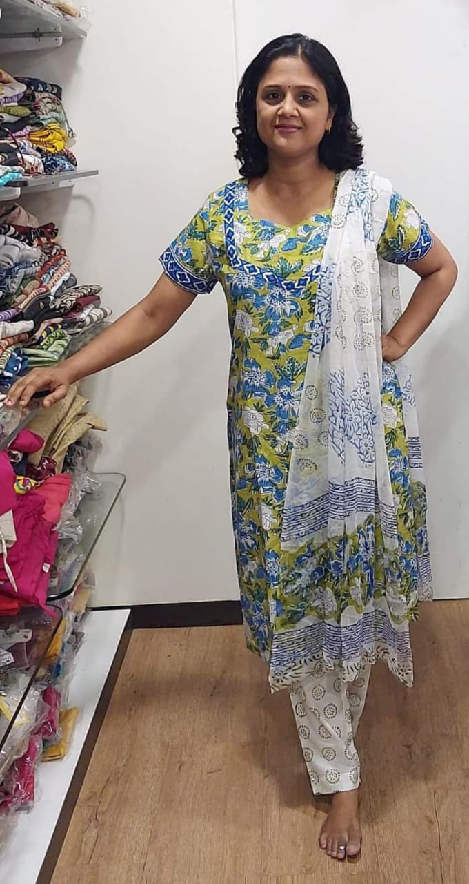 Parrot Green Cotton Full Suit With Dupatta