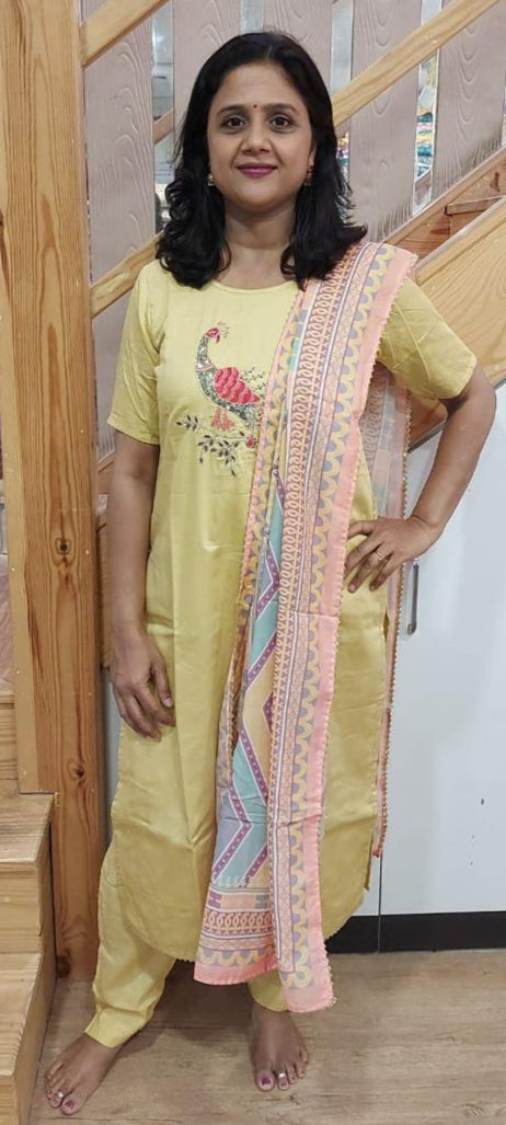 Yellow Ochre Chanderi Cotton Full Suit with Dupatta