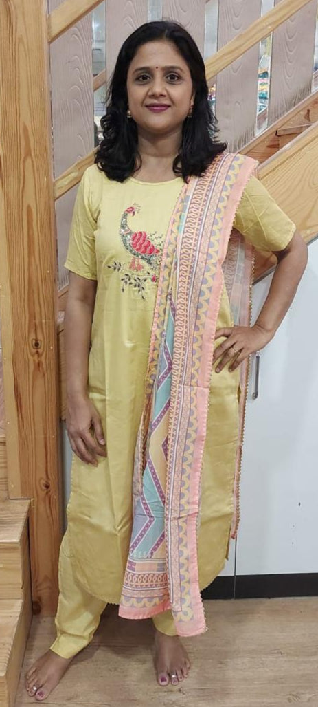 Yellow Ochre Chanderi Cotton Full Suit With Dupatta