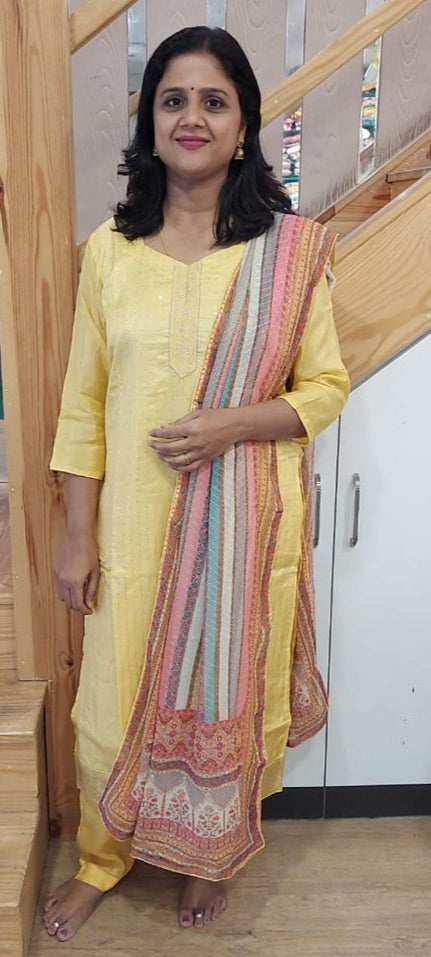 Light Yellow Chanderi Cotton Full Suit With Dupatta