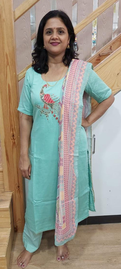 Pista Green Chanderi Cotton Full Suit With Dupatta