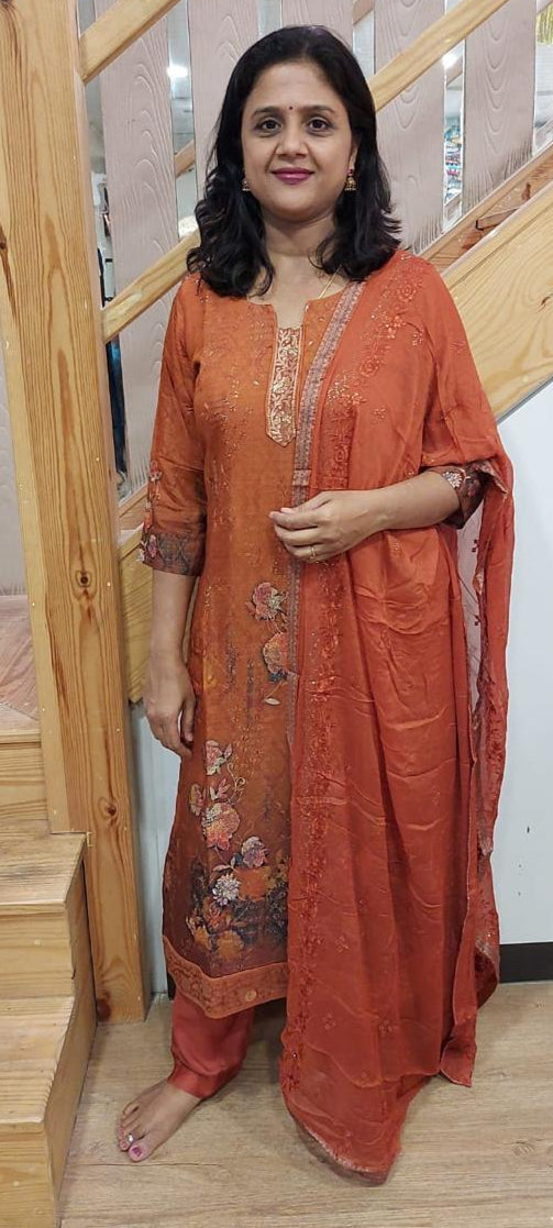 Rust Orange Muslin Full Suit With Dupatta
