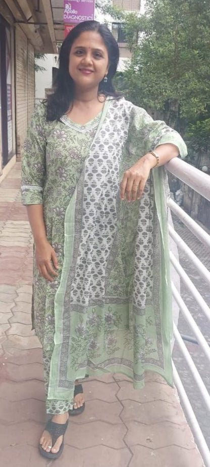 Pista Green Cotton Full Suit With Dupatta