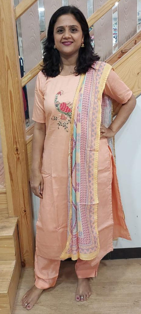 Peach Chanderi Cotton Full Suit With Dupatta