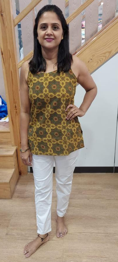 Mustard Yellow Ajrakh Spaghetti Short Top