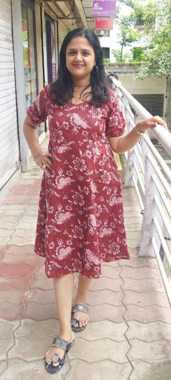 Maroon Cotton Lurex Knee Length One Piece