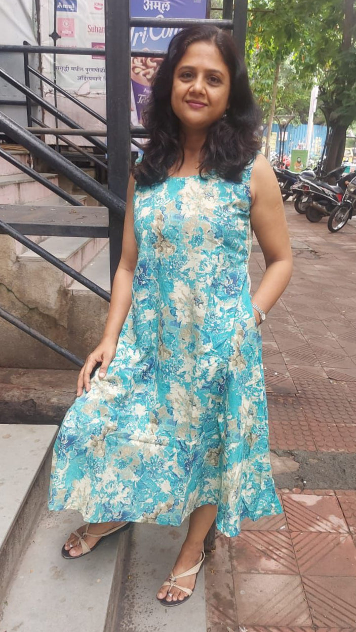 Sea Green Cotton Knee Length One Piece