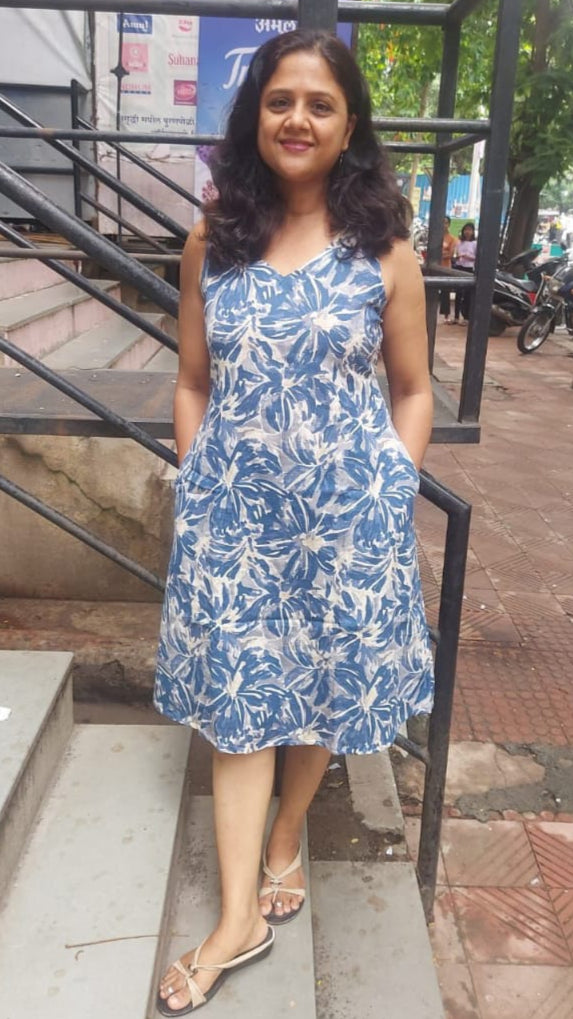 Ink Blue Flex Cotton Knee Length One Piece